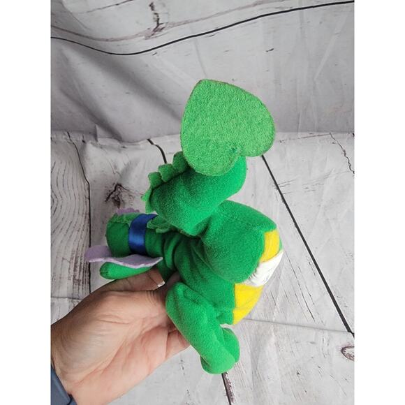 Plush Dragon Stuffed Animal Toy Vintage Green Plushie Small One Sheild Ribbon - Picture 8 of 8